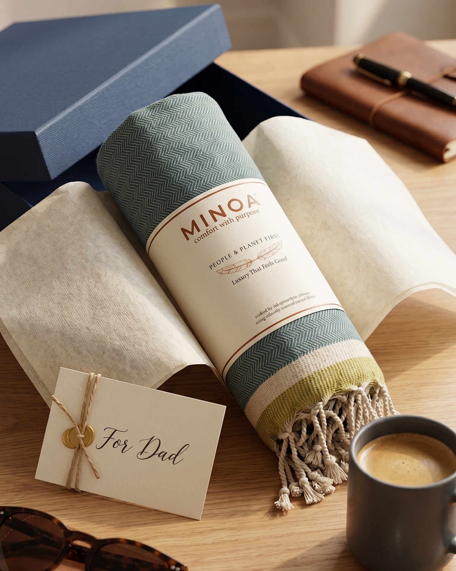 A rolled towel with fringe, branded MINOA, displayed on a wooden table with a blue gift box, cream fabric, sunglasses, a coffee mug, and a card reading 'For Dad'.