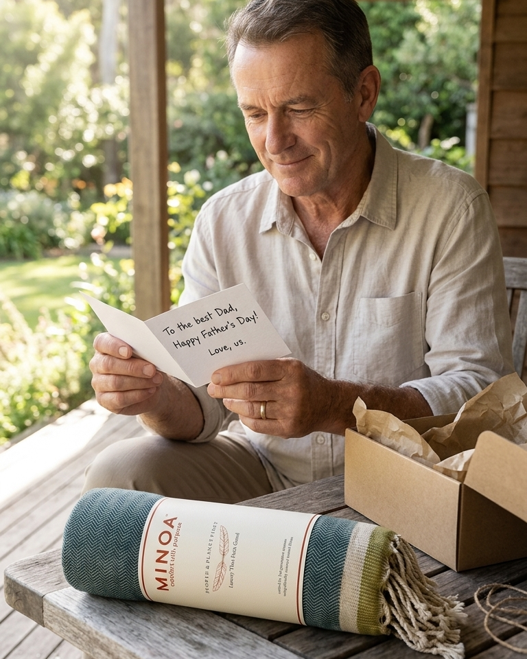 A man sitting on a wooden porch bench reading a handwritten note, with a rolled green and cream towel labeled MINOA and a brown gift box on the table in front of him.
