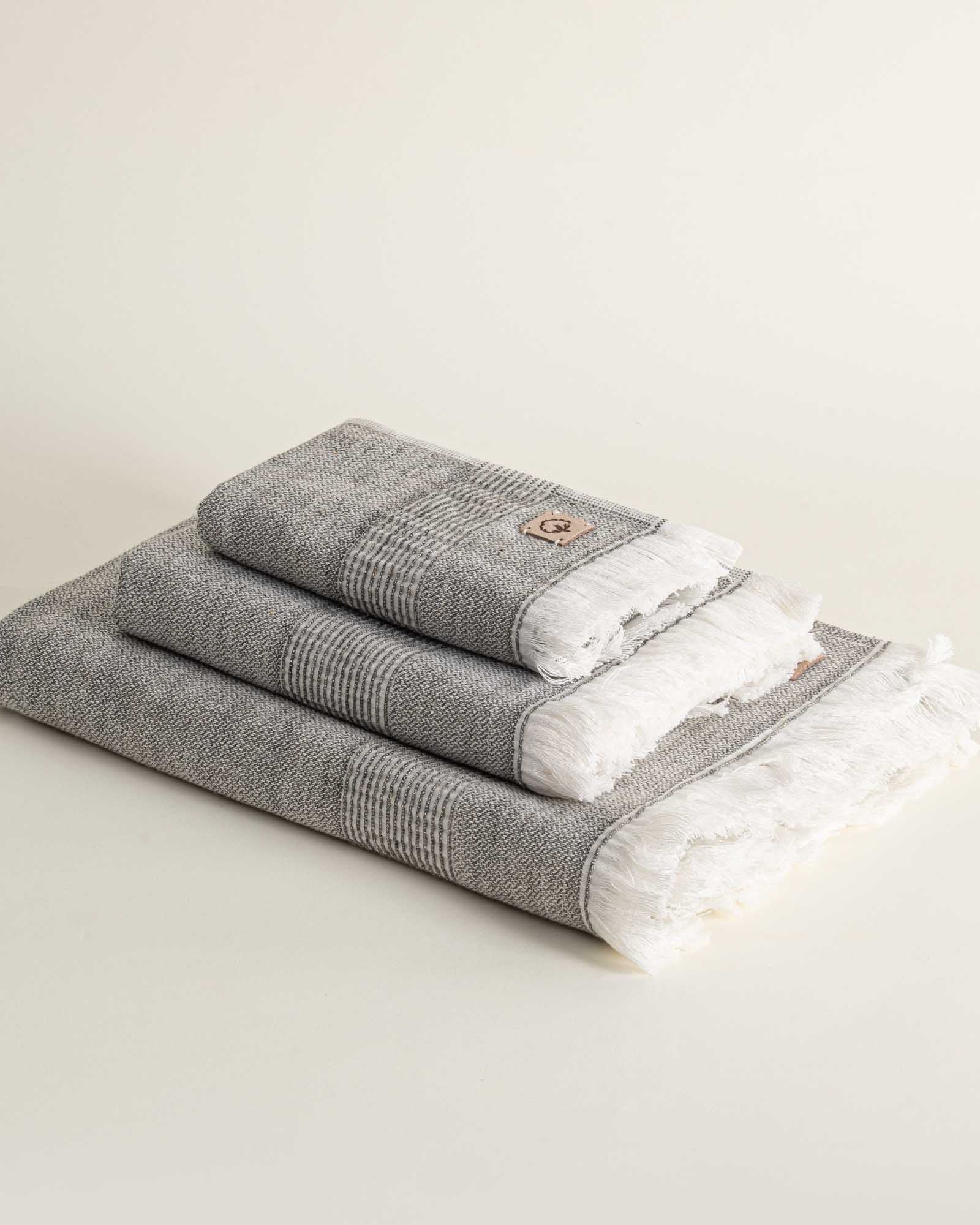 Side view of the three-piece Hasna Organic Aegean Cotton and Linen Bath Set in Grey Haze, highlighting the texture, softness, and layered thickness of each towel