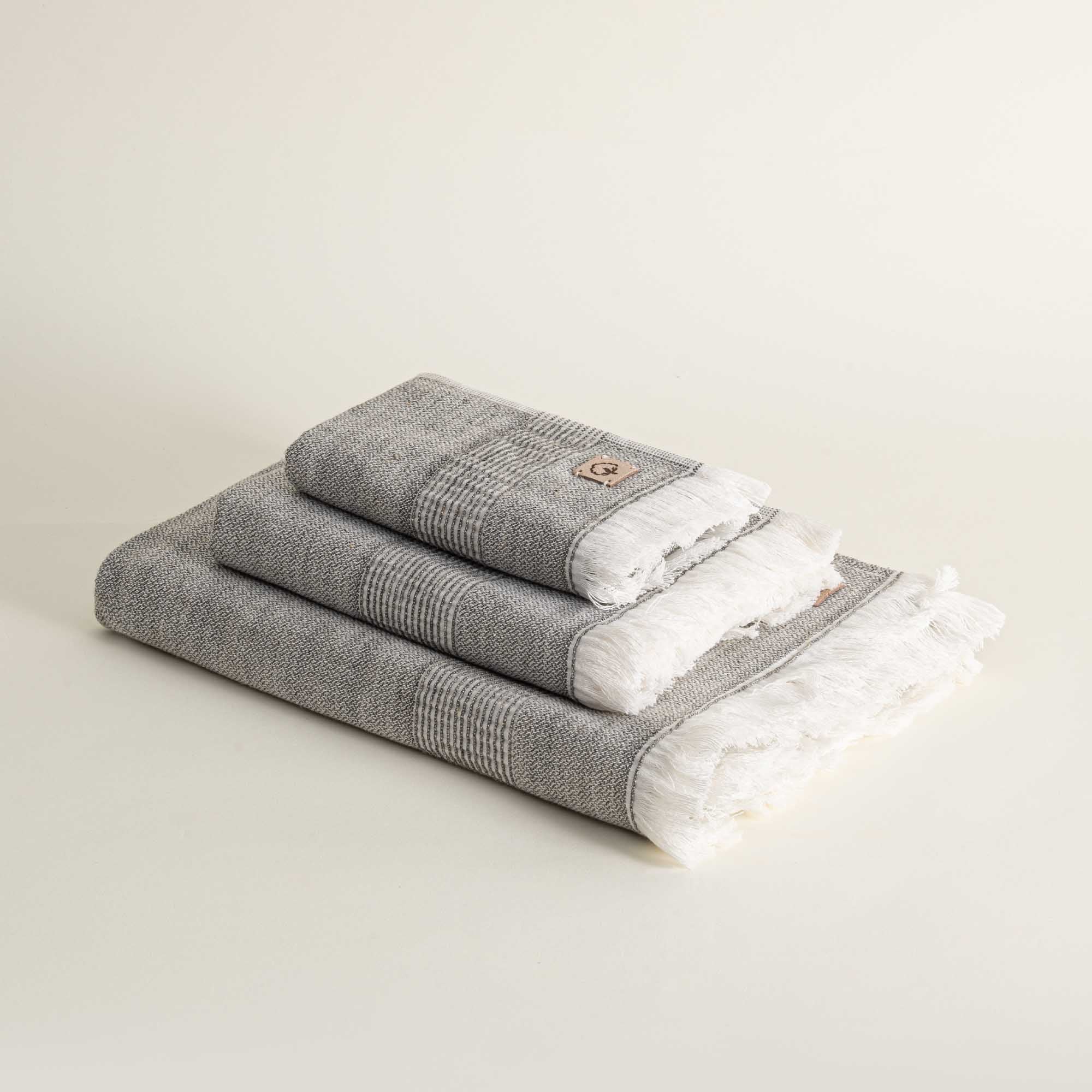 Side view of the three-piece Hasna Organic Aegean Cotton and Linen Bath Set in Grey Haze, highlighting the texture, softness, and layered thickness of each towel