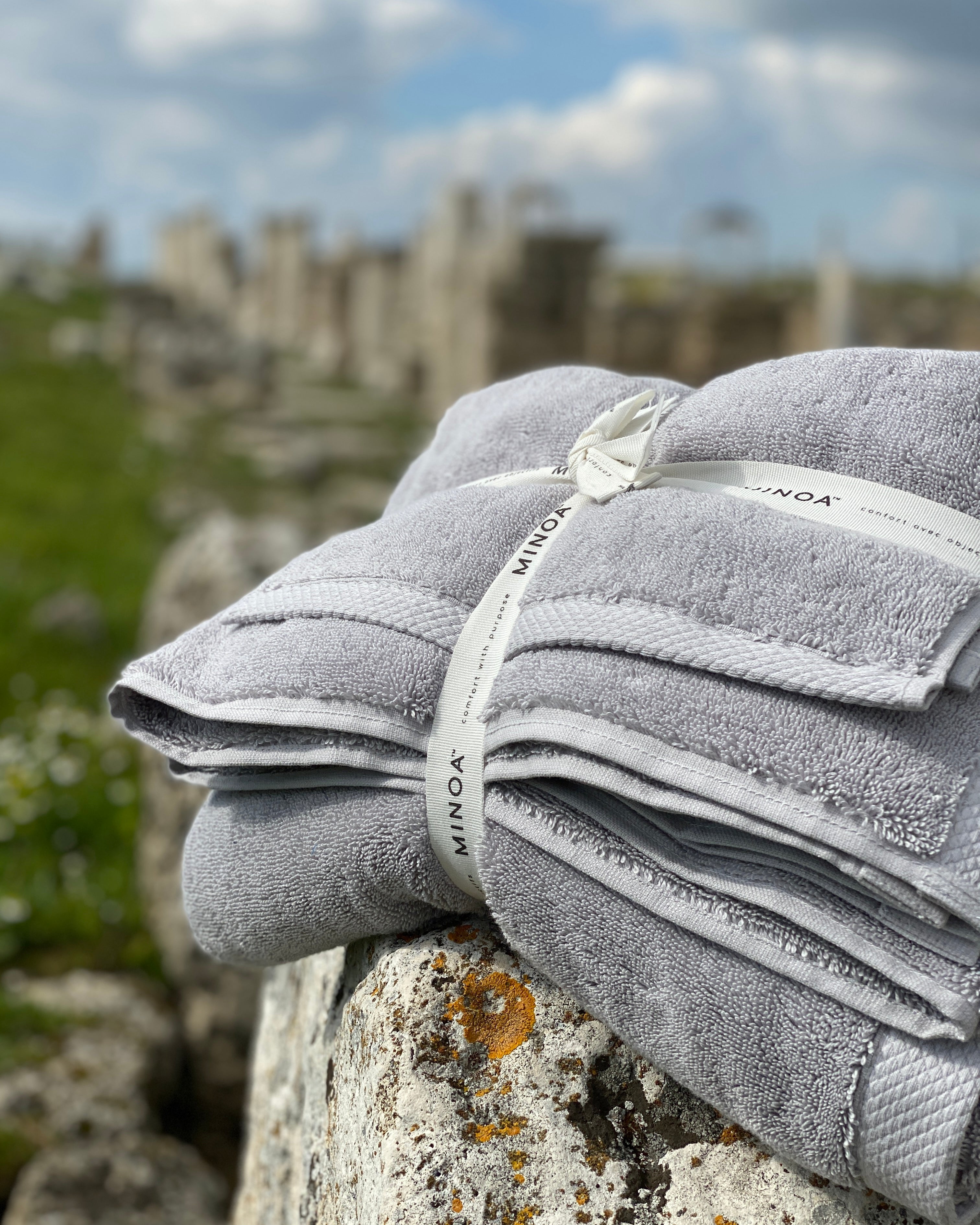 Silver Suede Monte Rosa 820-gram organic Aegean cotton luxury bath towel set, exuding an eco-friendly, natural aesthetic with plush texture and sustainable design
