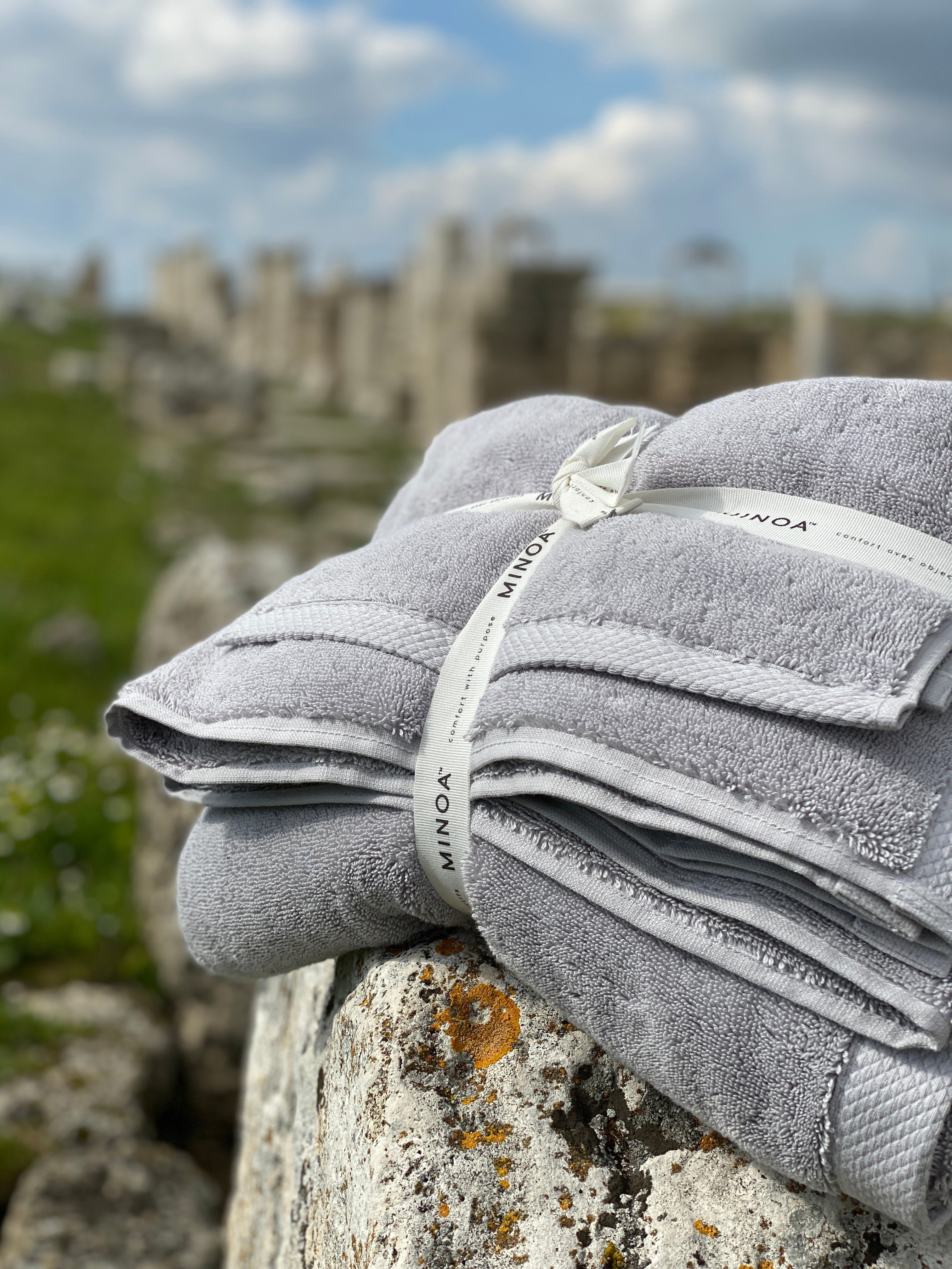 Silver Suede Monte Rosa 820-gram organic Aegean cotton luxury bath towel set, exuding an eco-friendly, natural aesthetic with plush texture and sustainable design