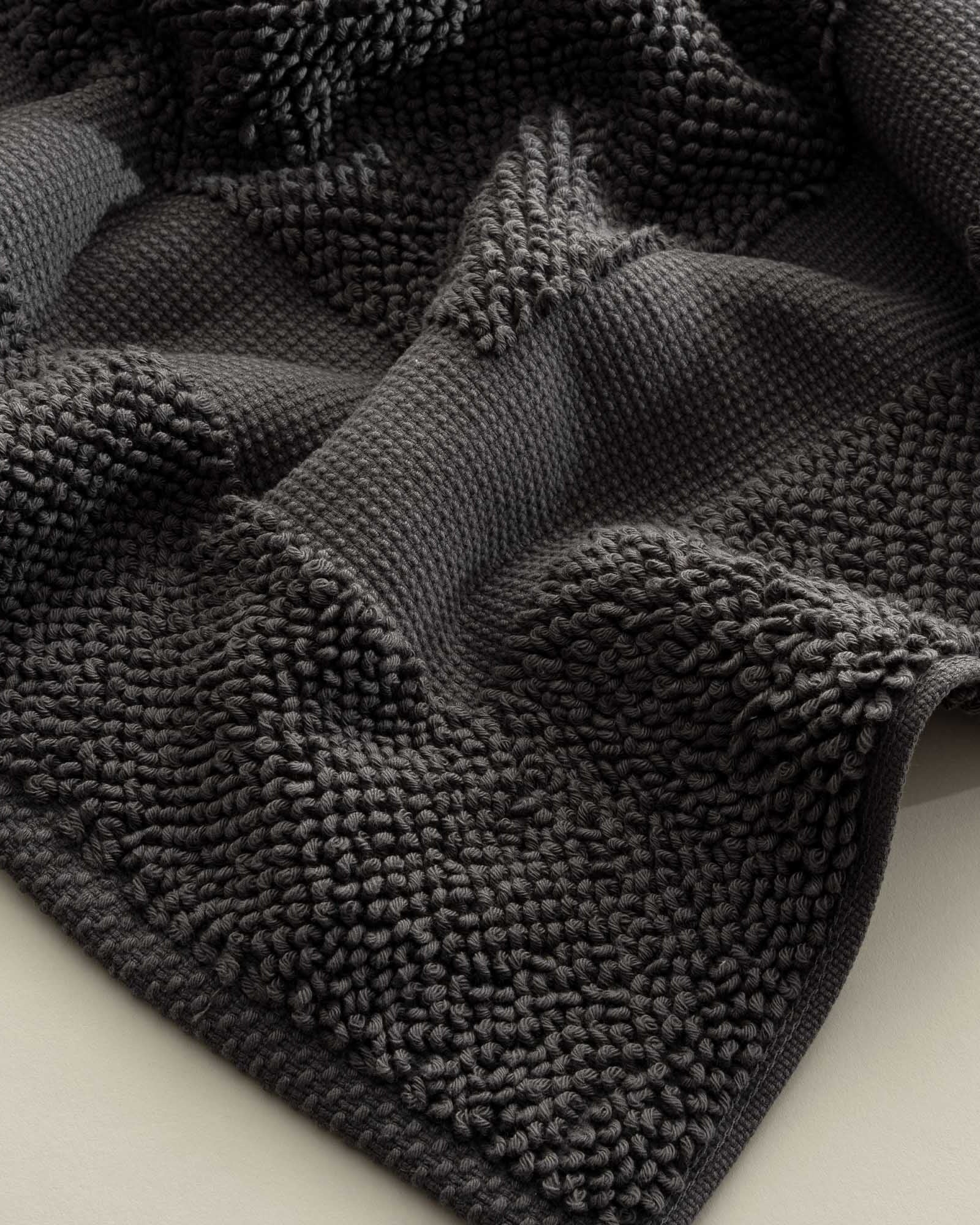 Close-up of the Kaia Aegean Cotton Bath Mat in Charcoal Charm, showcasing its rich colour, plush texture, and refined craftsmanship