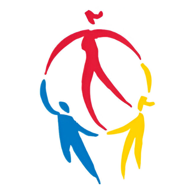 Colourful the Redwood Women's Shelter logo with two abstract human figures holding a ball on a white background