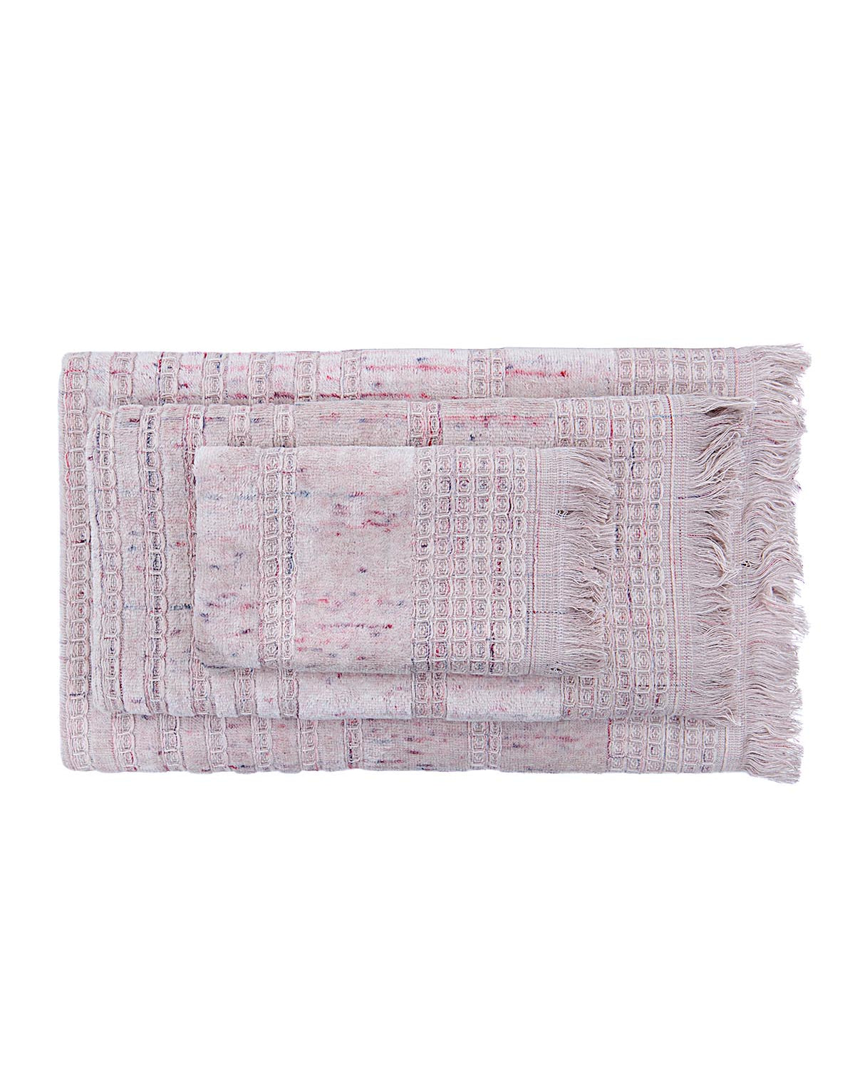 Maia organic cotton bath hand and washcloth set in Pink Powder neatly arranged to highlight its soft texture and eco-friendly design for organic bath towels