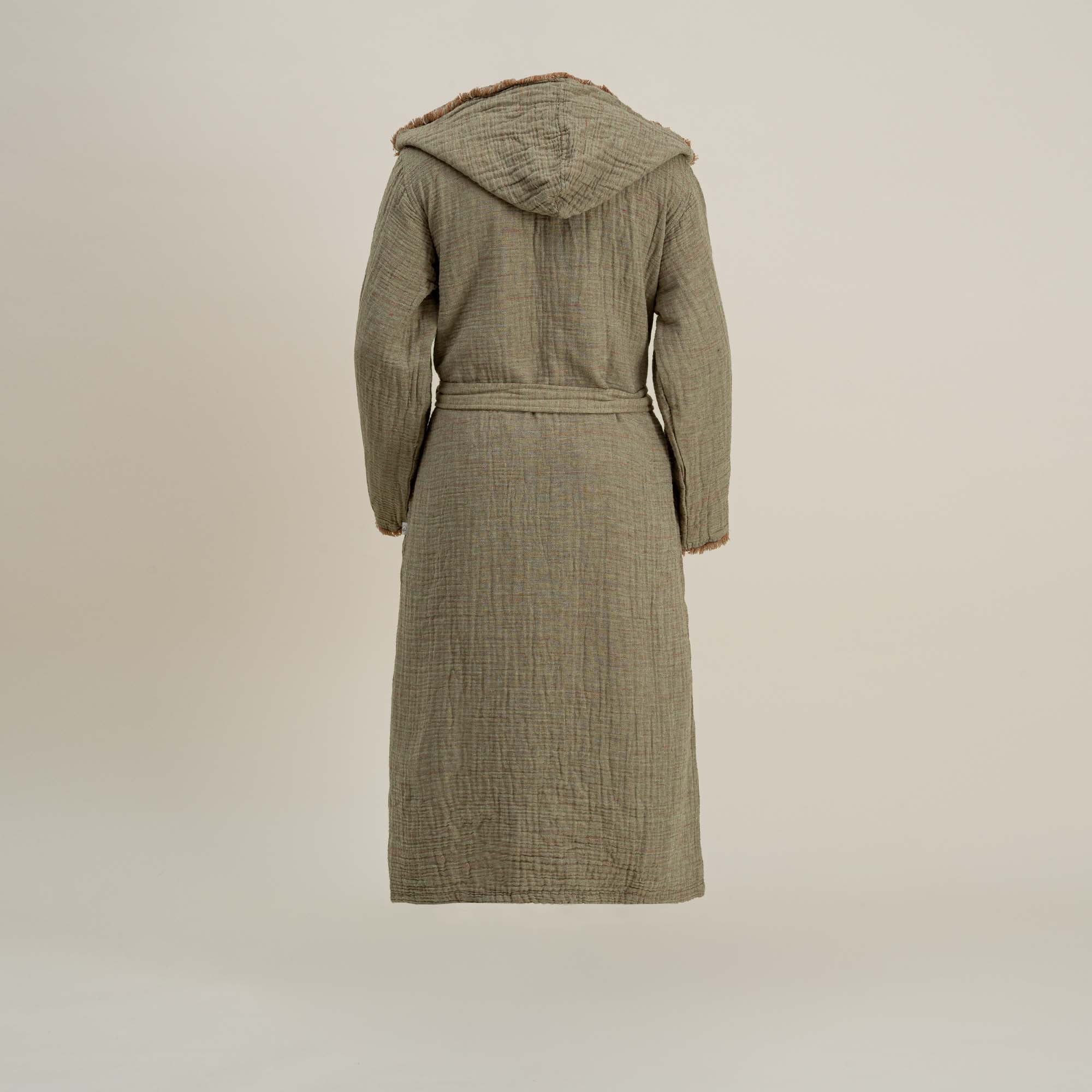 Back view of Men's Muna Organic Aegean Cotton Gauze Two Sided Robe in Khaki Terra, showing reversible design and lightweight cotton gauze fabric