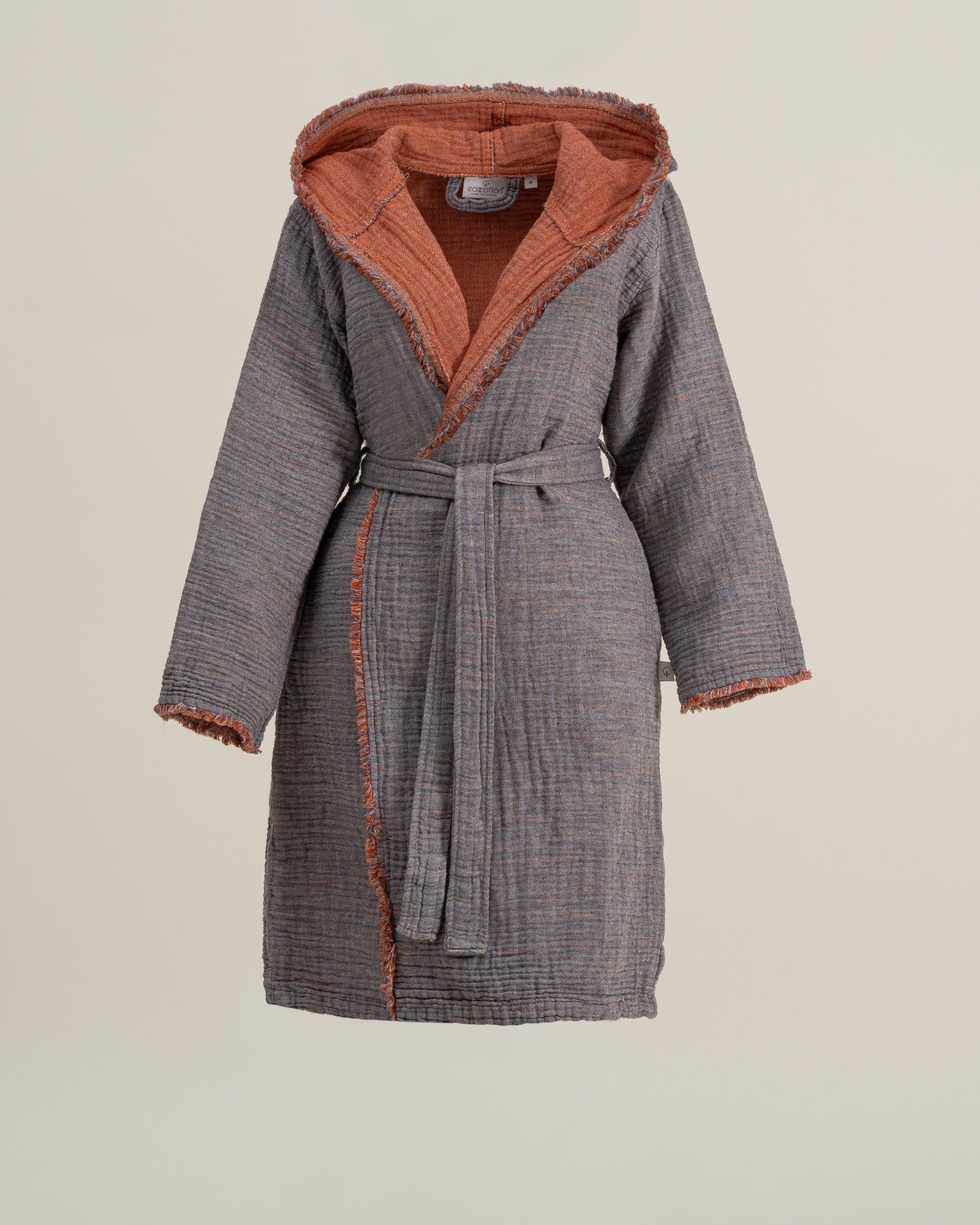 Front view of the Women's Muna Organic Aegean Cotton Gauze Two-Sided Robe in Terra n Slate colour, showcasing its elegant design and luxurious organic cotton fabric