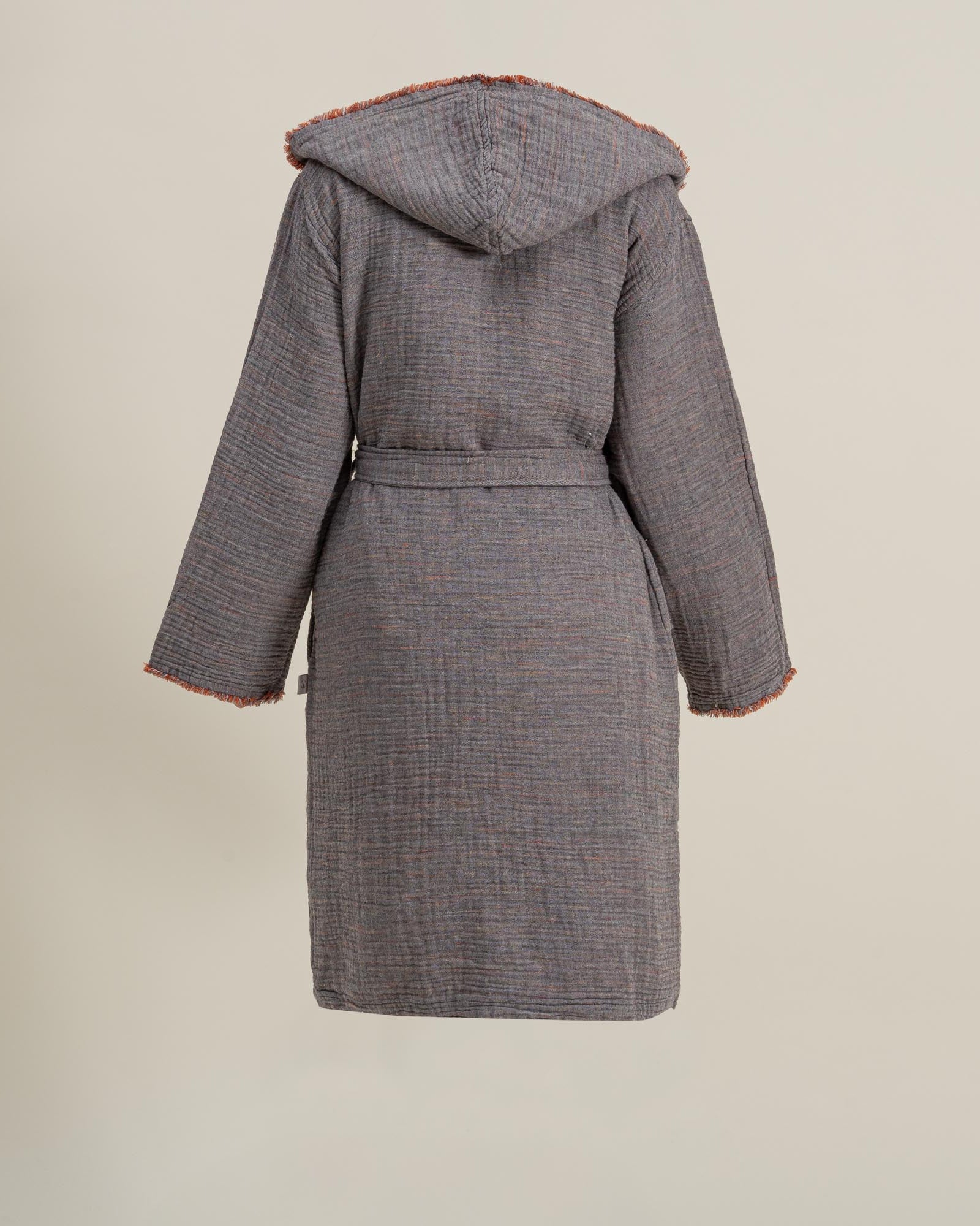 Back view of the Women's Muna Organic Aegean Cotton Gauze Two-Sided Robe in Terra n Slate, highlighting its comfortable fit, soft texture, and elegant design