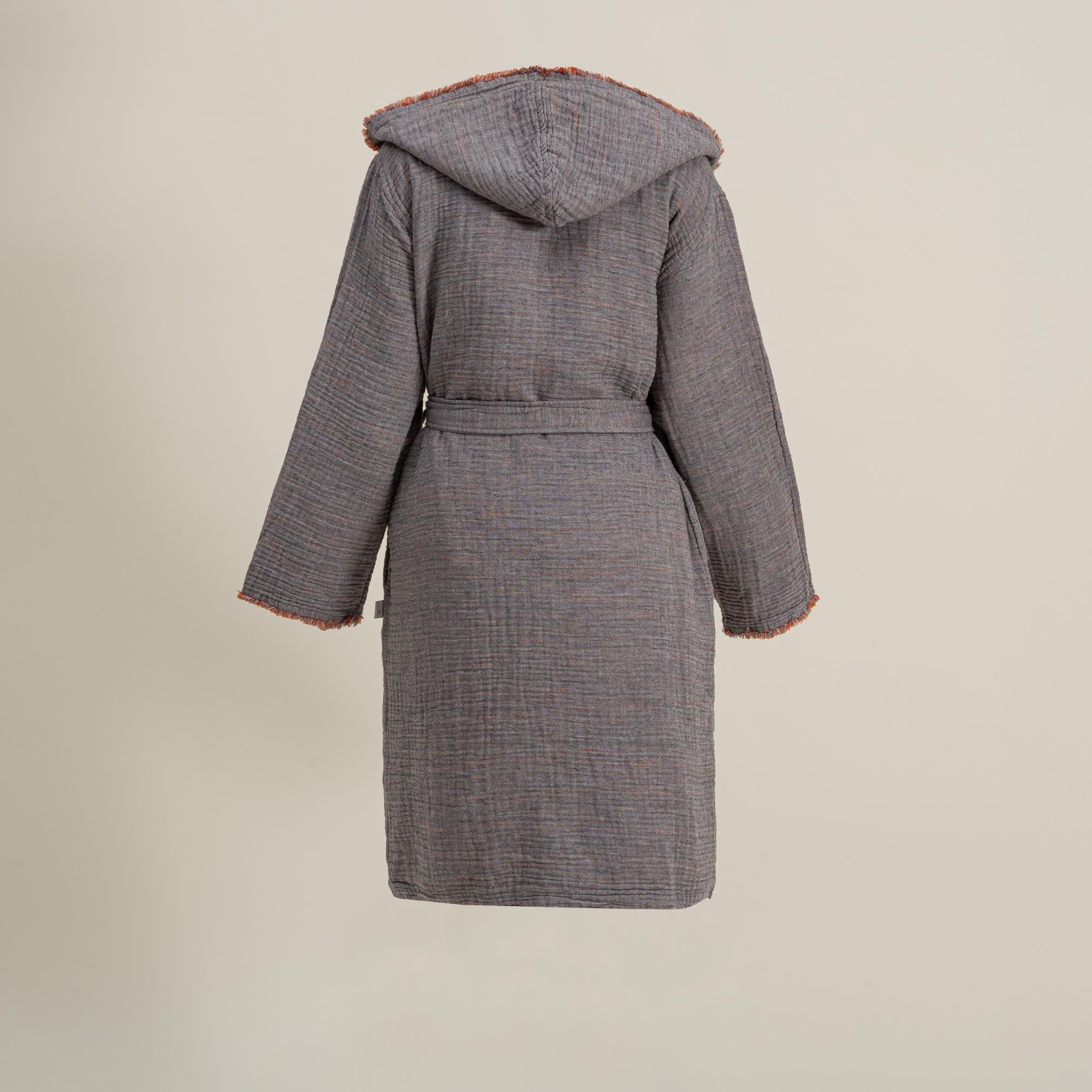 Back view of the Women's Muna Organic Aegean Cotton Gauze Two-Sided Robe in Terra n Slate, highlighting its comfortable fit, soft texture, and elegant design