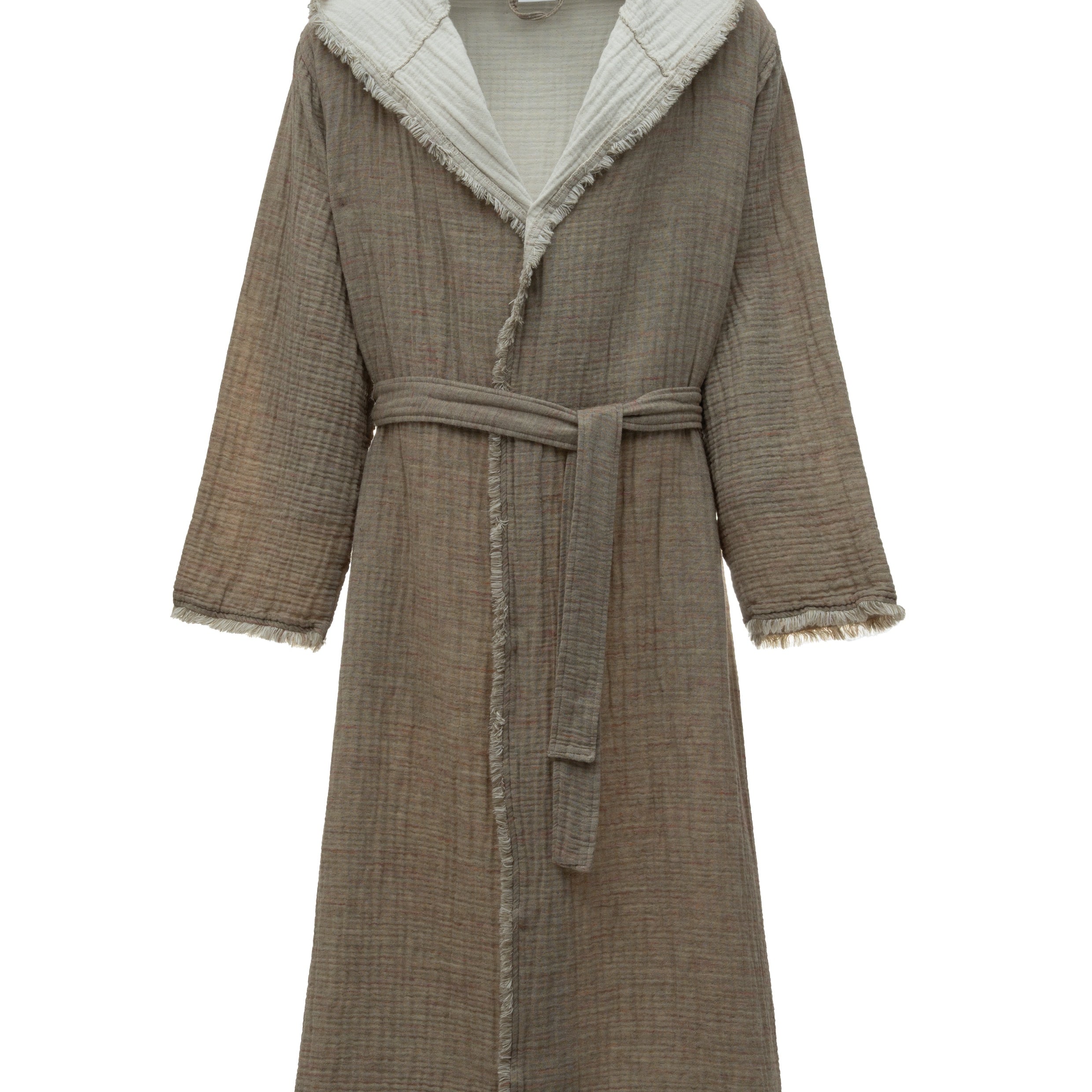 Front view of Men's Muna Organic Aegean Cotton Gauze Two Sided Robe in Khaki Cream – breathable, reversible loungewear made from organic, sustainably sourced cotton