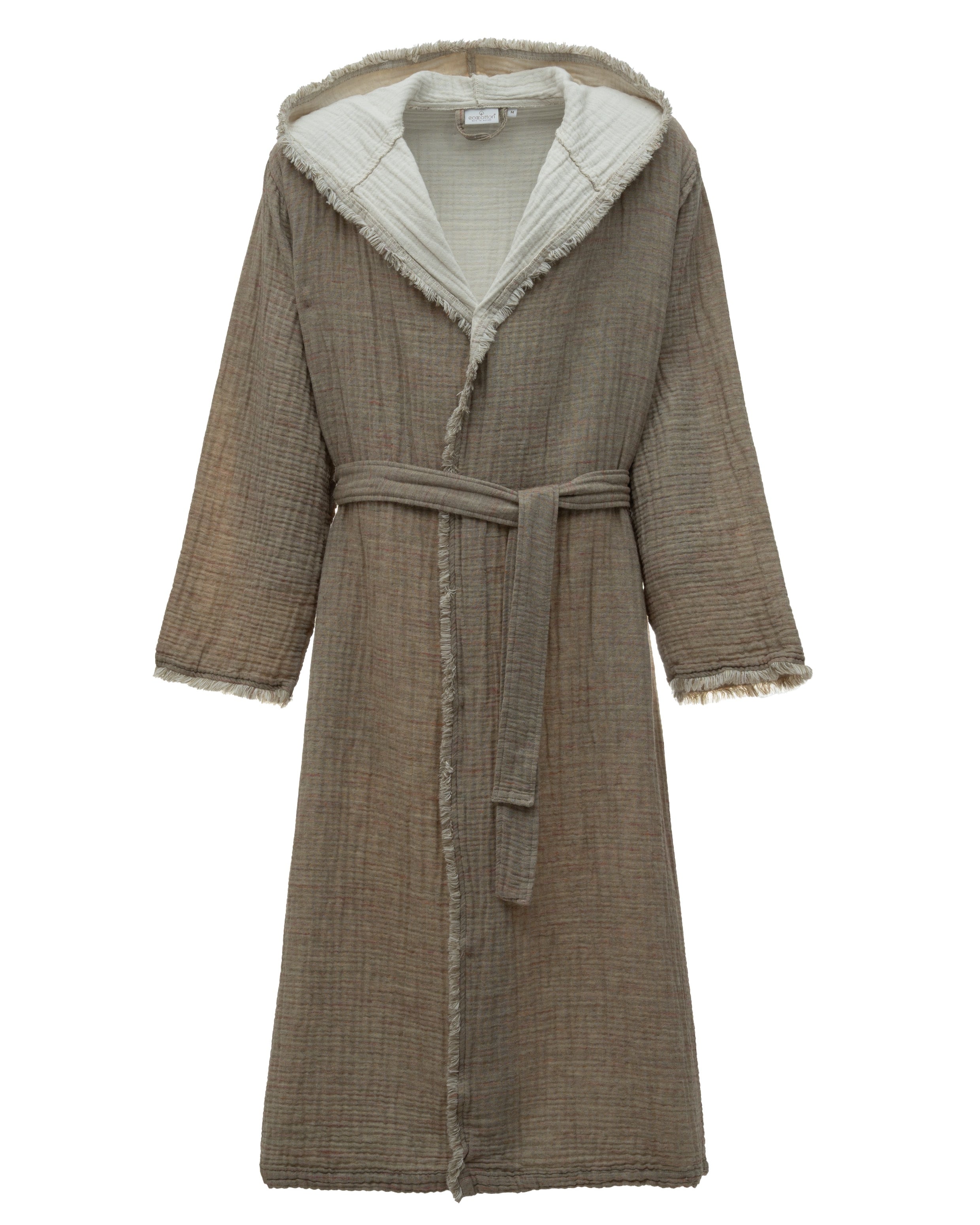 Front view of Men's Muna Organic Aegean Cotton Gauze Two Sided Robe in Khaki Cream – breathable, reversible loungewear made from organic, sustainably sourced cotton