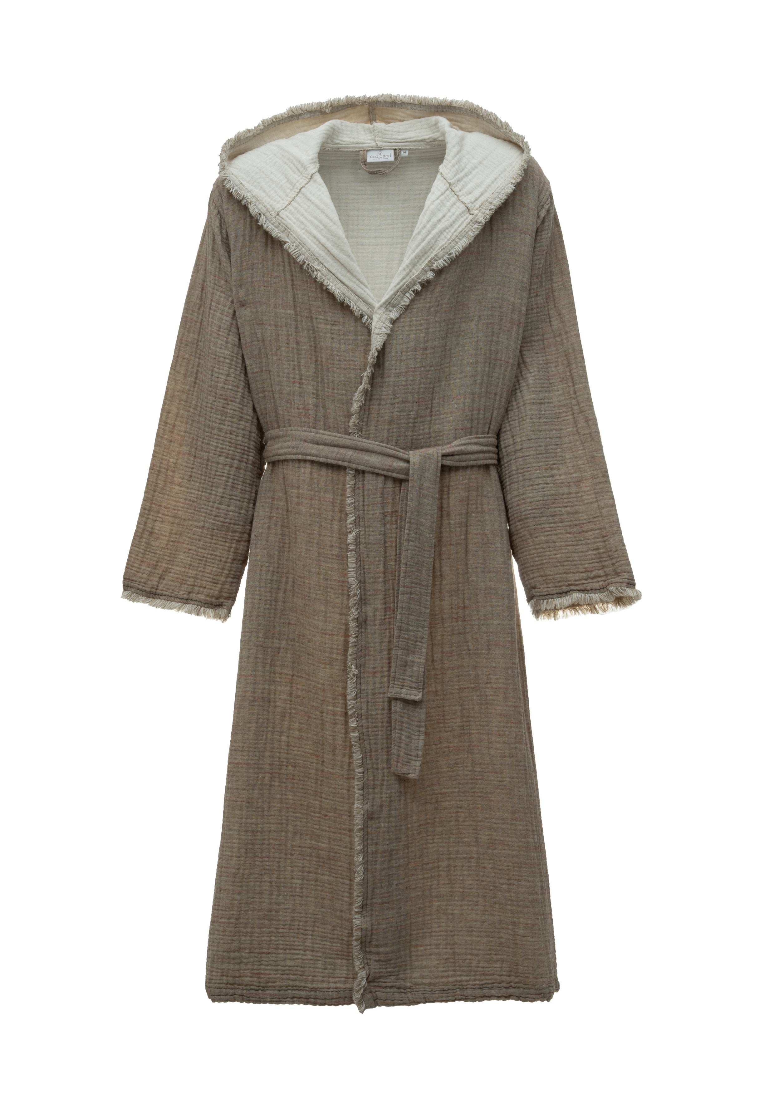 Front view of Men's Muna Organic Aegean Cotton Gauze Two Sided Robe in Khaki Cream – breathable, reversible loungewear made from organic, sustainably sourced cotton