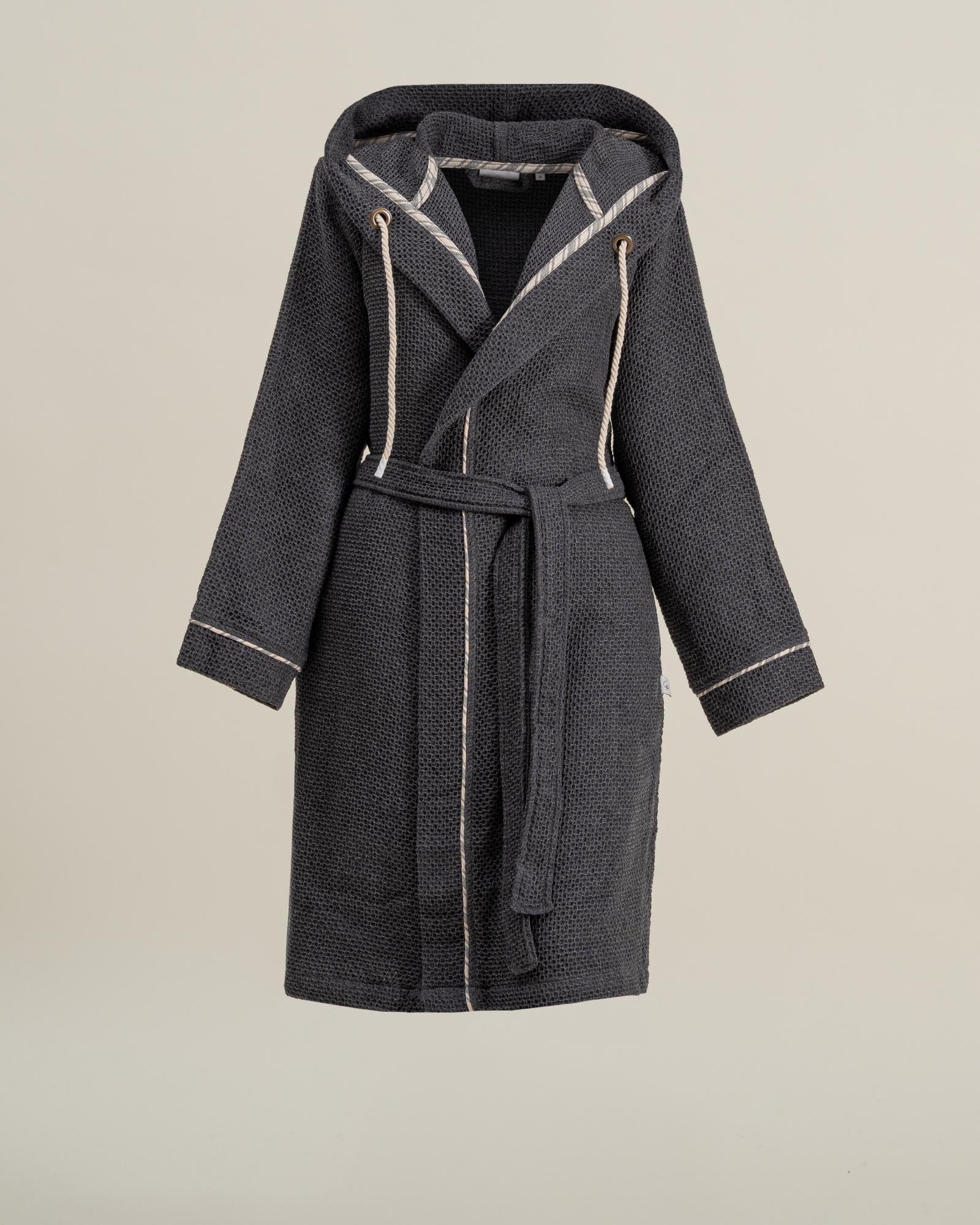 The front side of Minoa's Naia Panama Weave Mens Robe, crafted with close attention to detail and 100% eco-friendly material