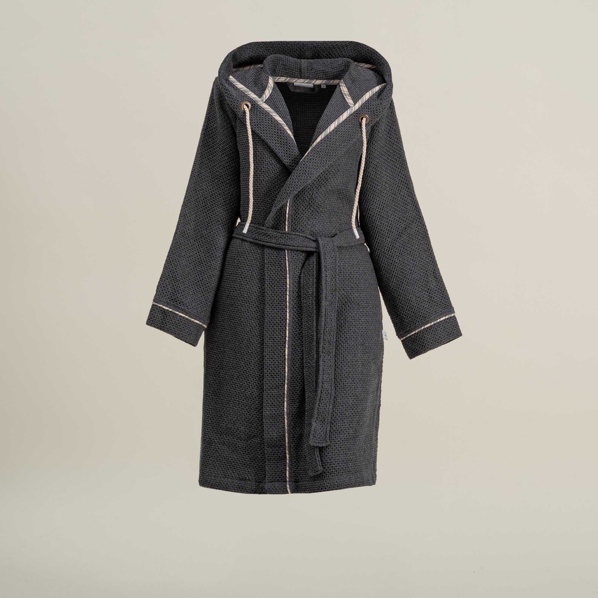 The front side of Minoa's Naia Panama Weave Mens Robe, crafted with close attention to detail and 100% eco-friendly material