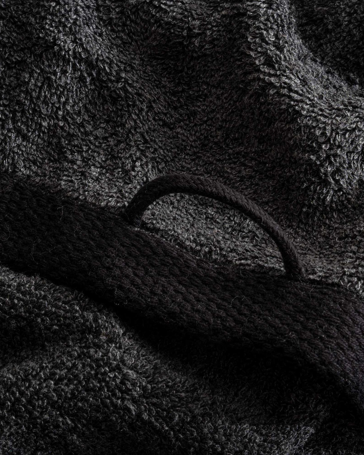 Close-up of a textured black towel with a handle