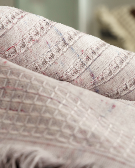 Close-up of Maia Pink Powder organic bath towels set, including bath, hand, and washcloth, showcasing luxurious texture and premium organic cotton quality