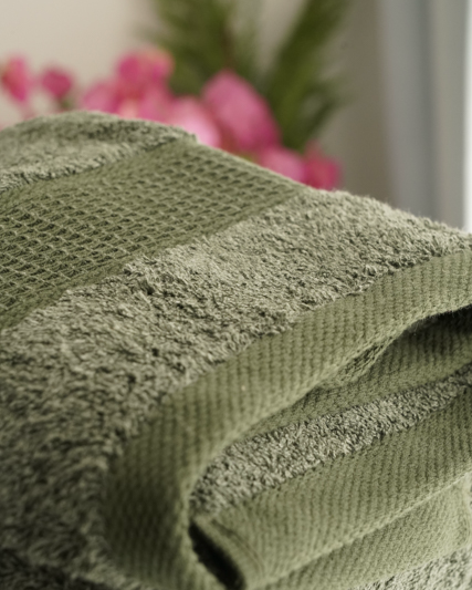 Top-view close-up of Minoa USA Canada sustainable luxury hand towel from the Naia and cotton collection, showcasing soft texture, plush fabric, and premium quality