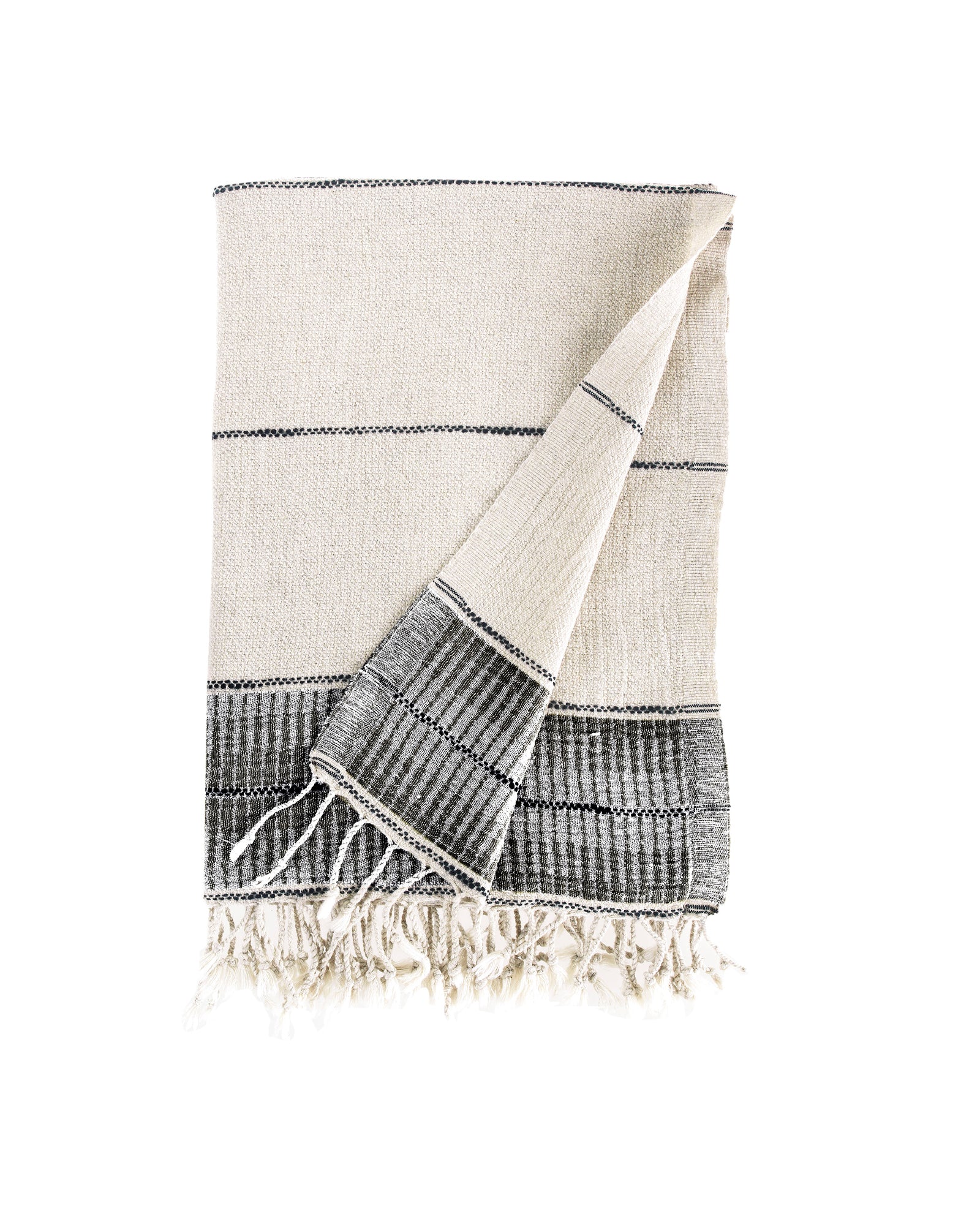 White towel with black stripes and fringes on a white background