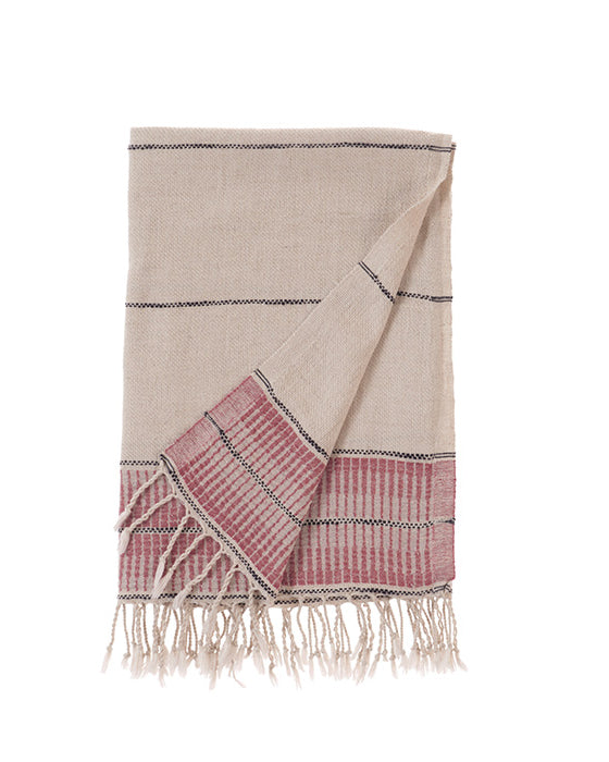 Beige and red plaid towel with fringes on a white background