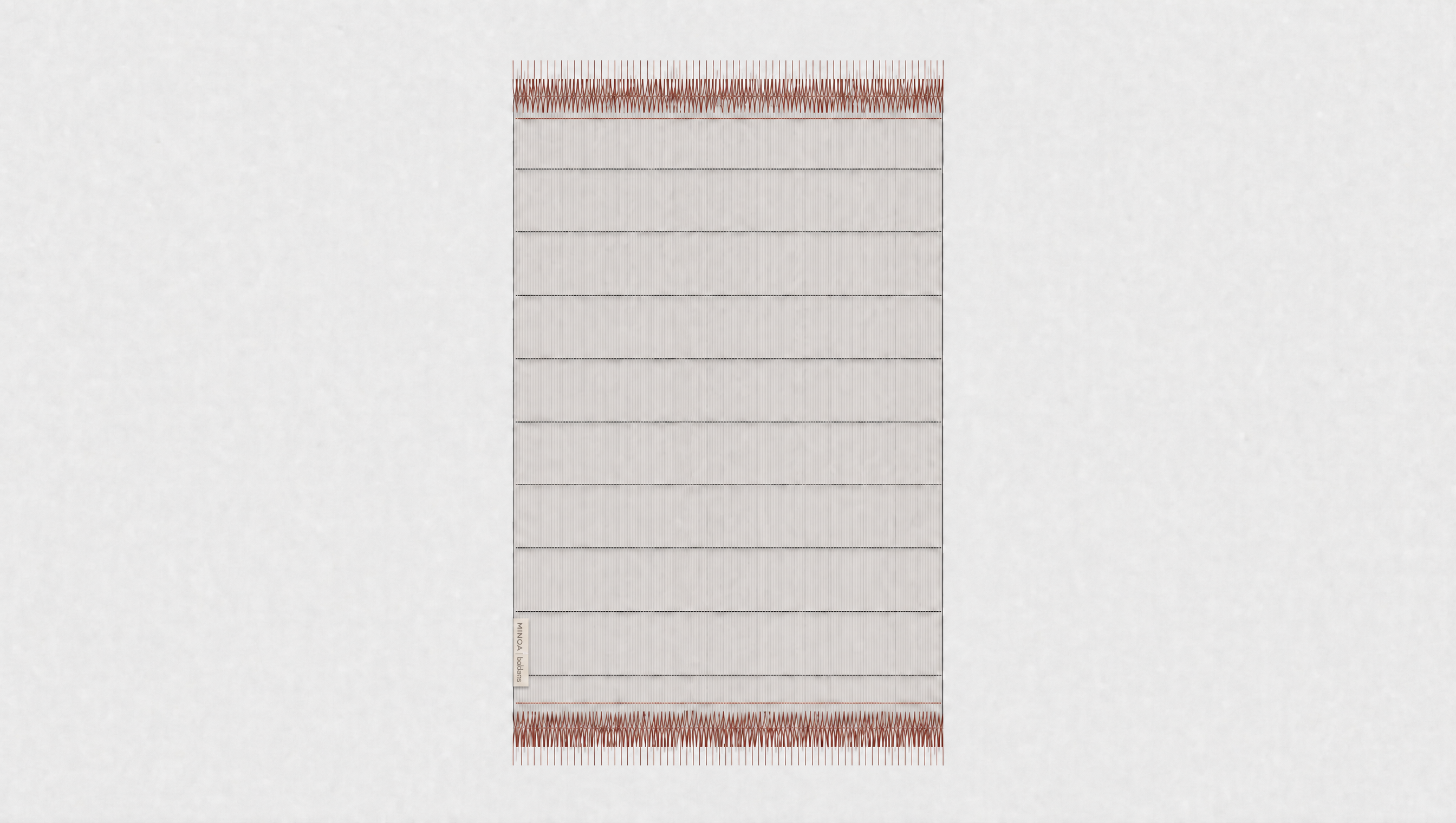 A rectangular woven towel with narrow horizontal stripes in beige, brown, and muted red, shown flat against a light gray background.