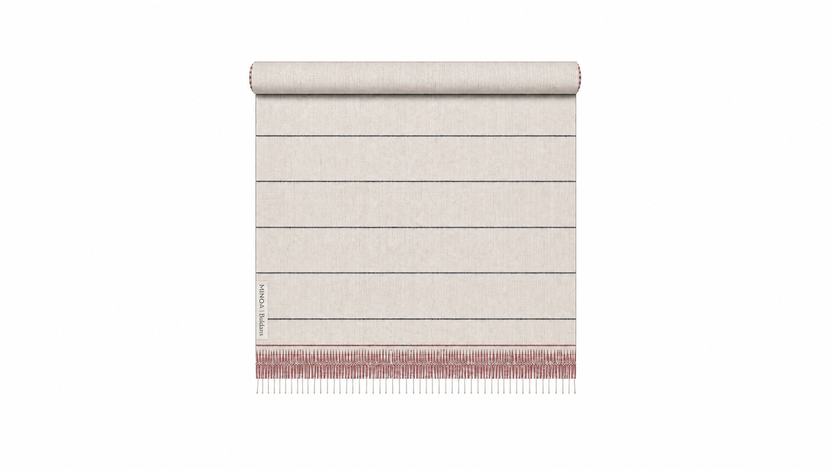 A beige towel blind with horizontal pleats and a dusty rose pink fringe, shown partially rolled up against a plain white background.