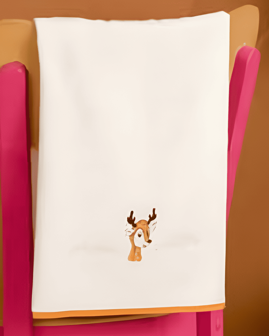 White towel with a deer design on a pink chair against a brown background