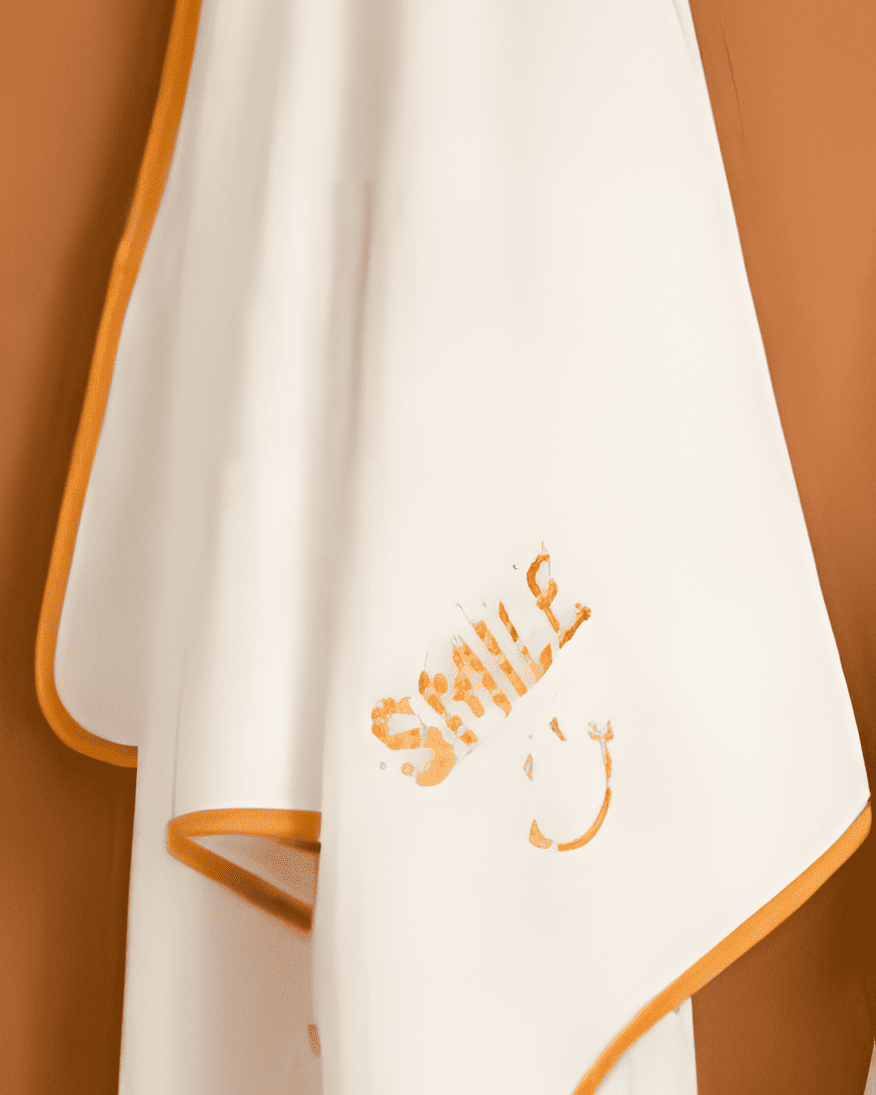 White towel with orange border and 'SMILE' text on a brown background