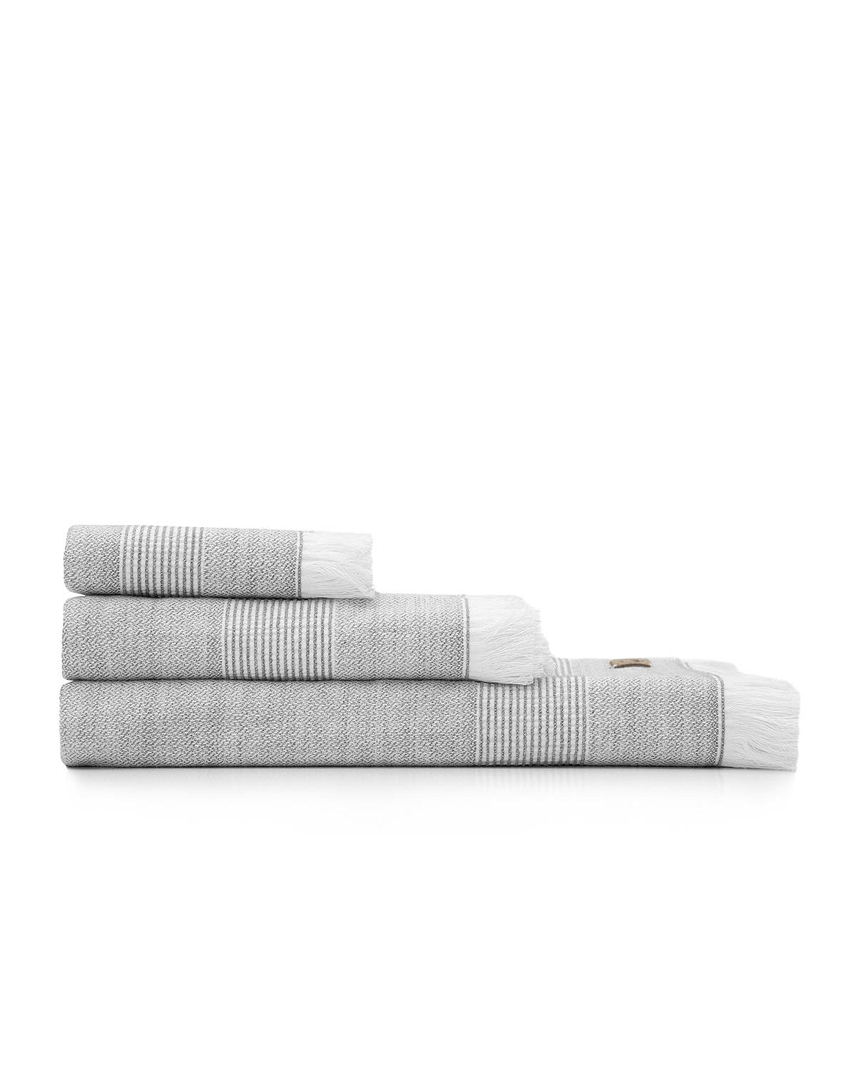 Front view of the three-piece Hasna Organic Aegean Cotton and Linen Bath Set in Grey Haze, neatly displayed to show the full size and subtle colour of each towel