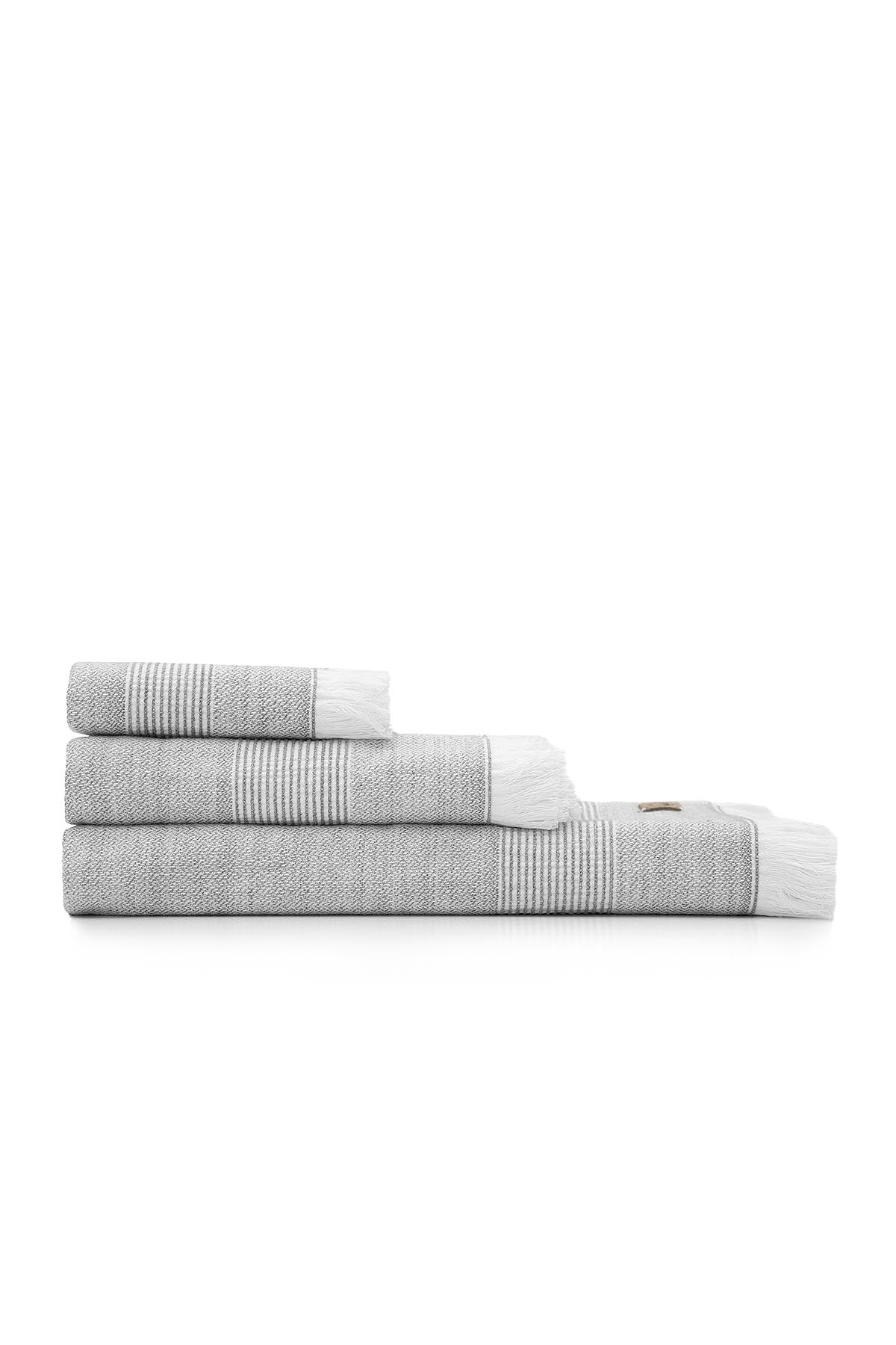 Front view of the three-piece Hasna Organic Aegean Cotton and Linen Bath Set in Grey Haze, neatly displayed to show the full size and subtle colour of each towel