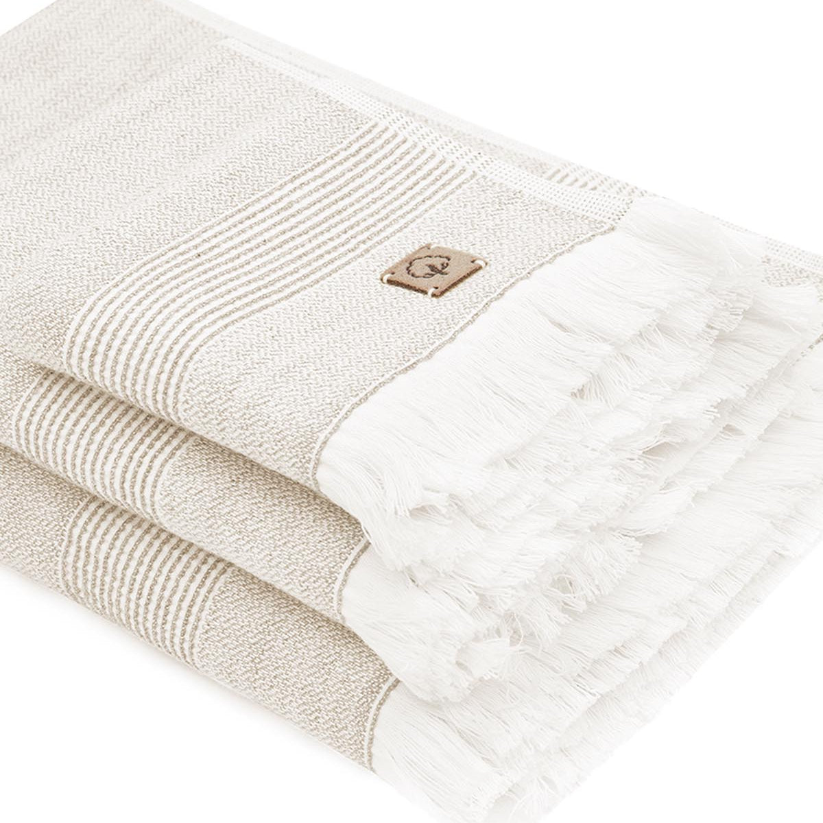 Stack of beige towels with a brand logo on a white background