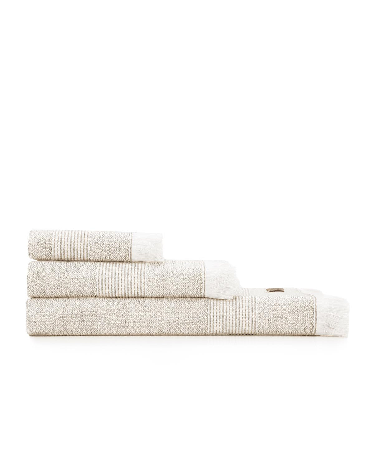 Front view of Minoa Hasna Organic Aegean Cotton and Linen Bath Set in Sandy Whisper colour, highlighting its luxurious blend of organic cotton and linen, designed for sustainable luxury