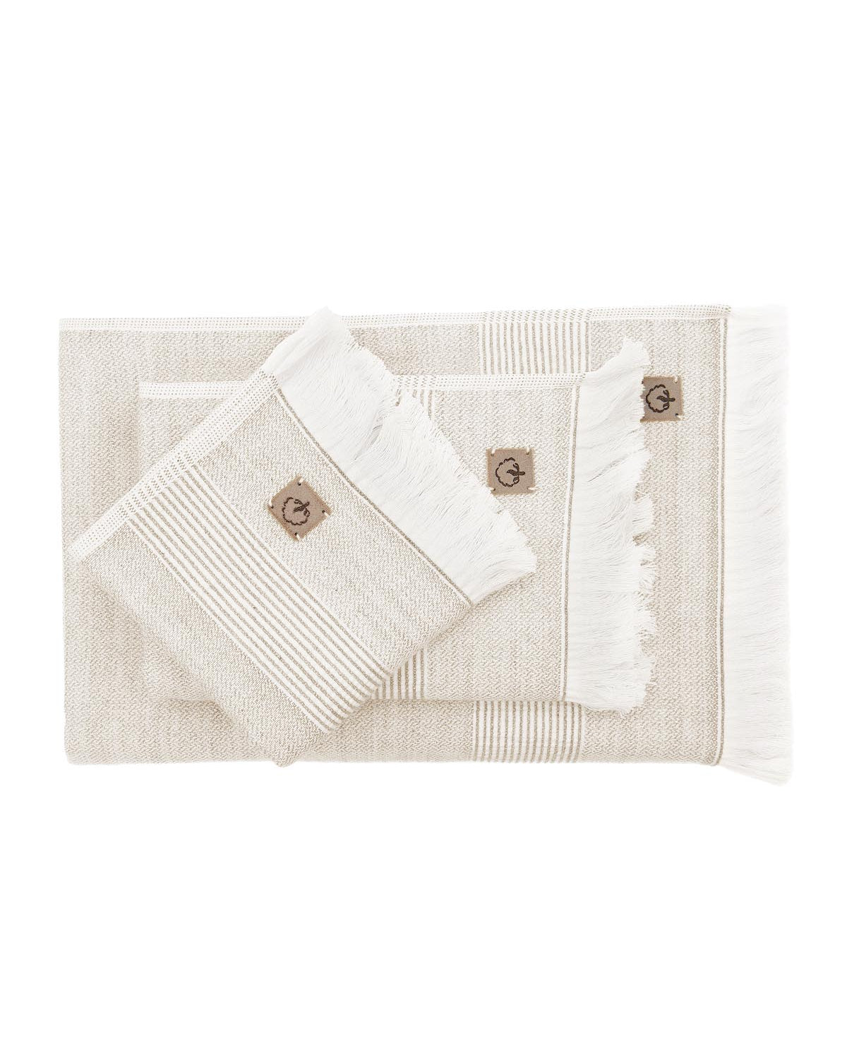 Top view of Minoa Hasna Organic Aegean Cotton and Linen Bath Set in Sandy Whisper, highlighting the luxurious texture and eco-friendly design of the organic cotton and linen blend