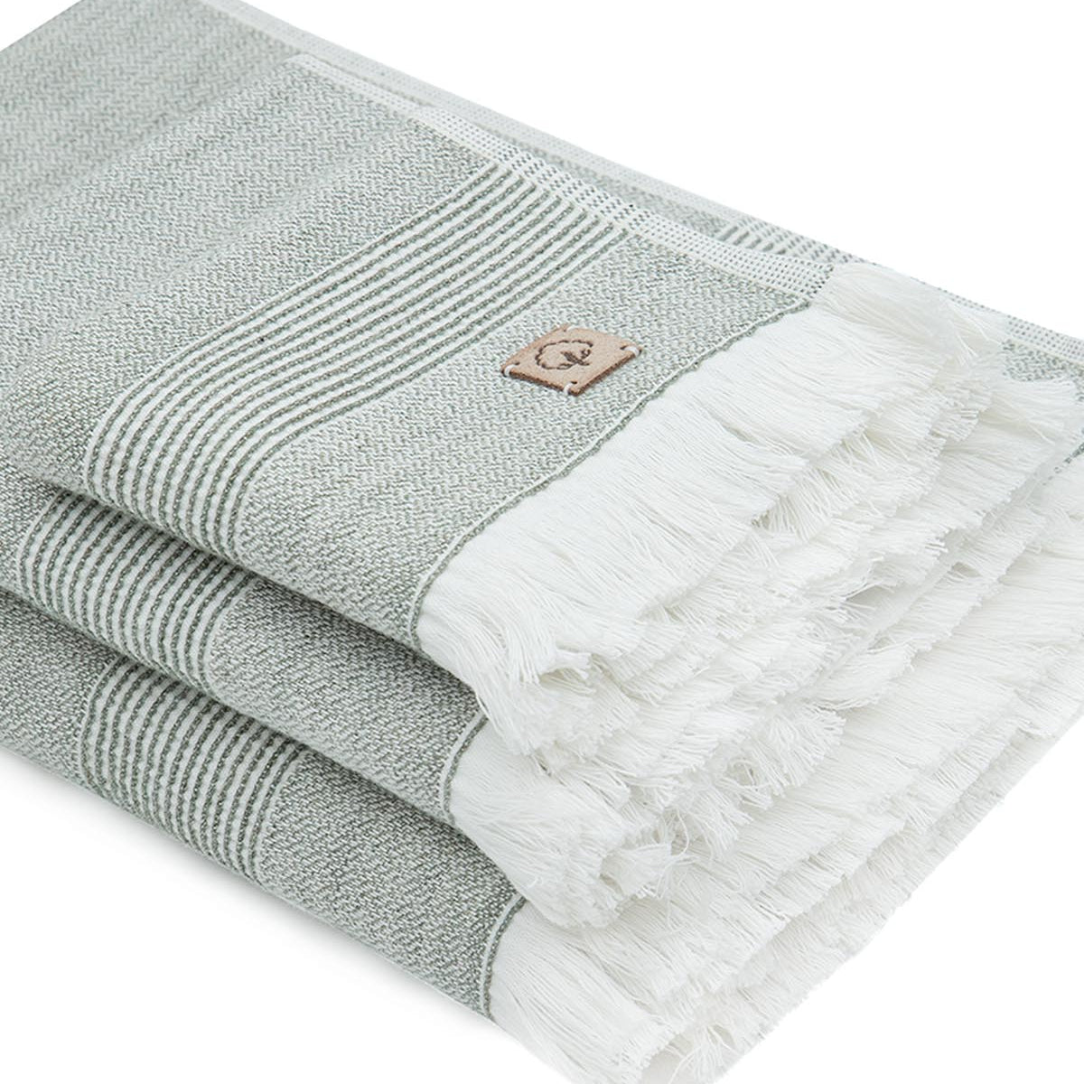 Gray and white towel with a brand logo on a white background