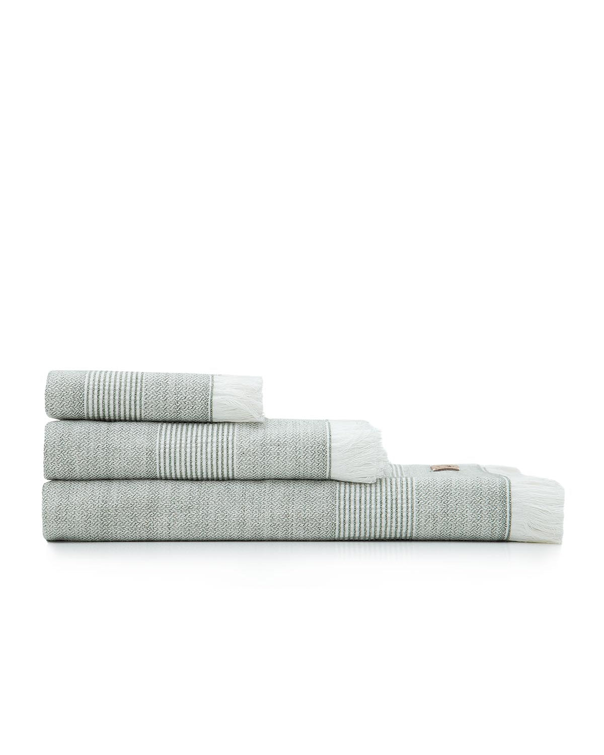 Front view of the three-piece Hasna Organic Aegean Cotton and Linen Bath Set in Pine Breeze, neatly arranged to show size and color variation