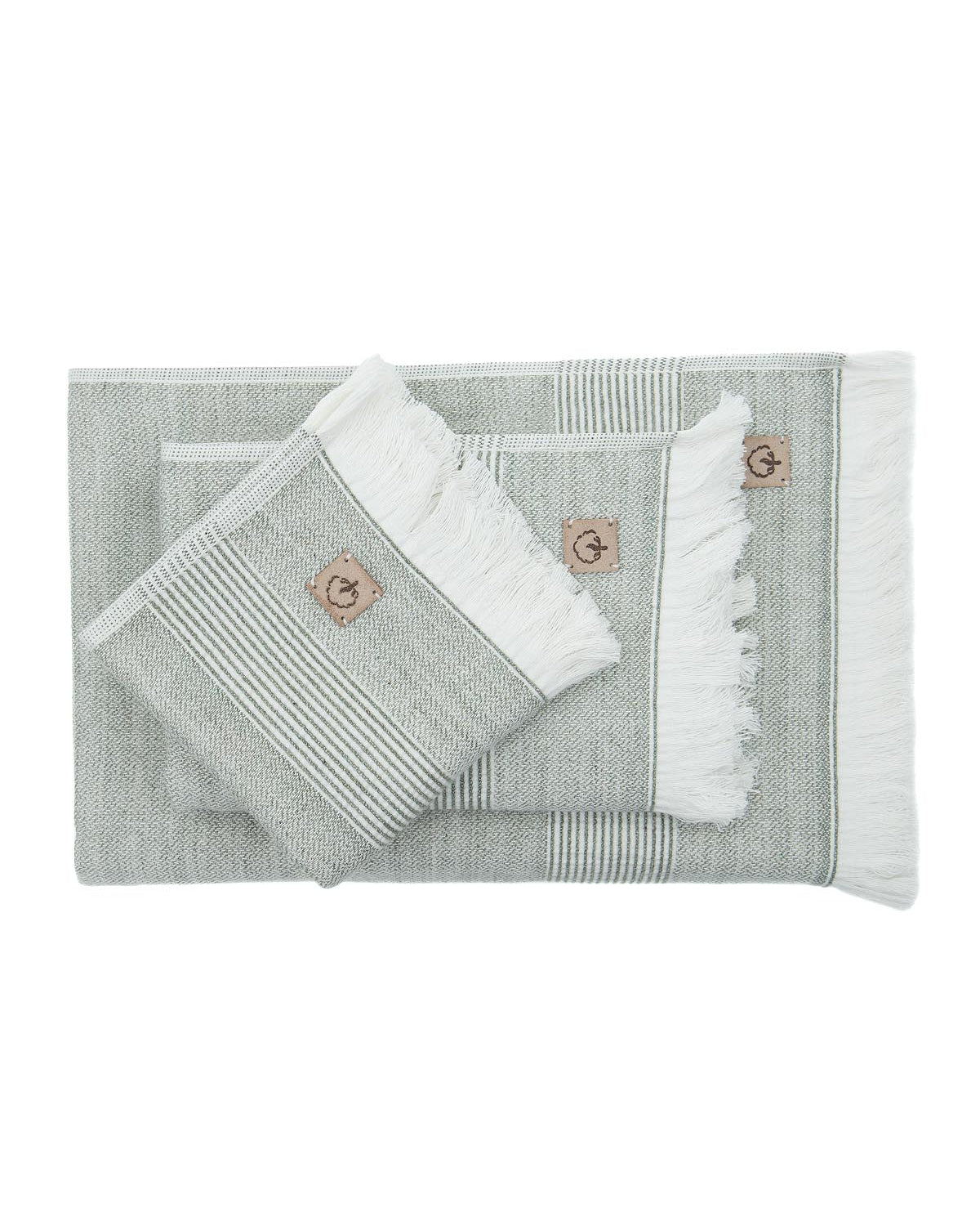 Top view of the three-piece Hasna Organic Aegean Cotton and Linen Bath Set in Pine Breeze, displaying the layout, texture, and natural tones of each towel
