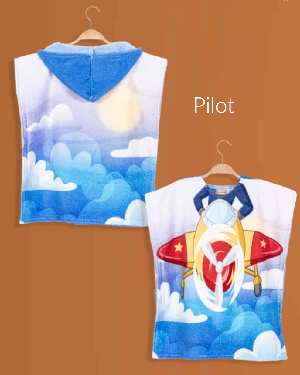 Children's poncho featuring a fun pilot pattern, crafted from soft cotton for comfort and warmth after their pretend flying adventures