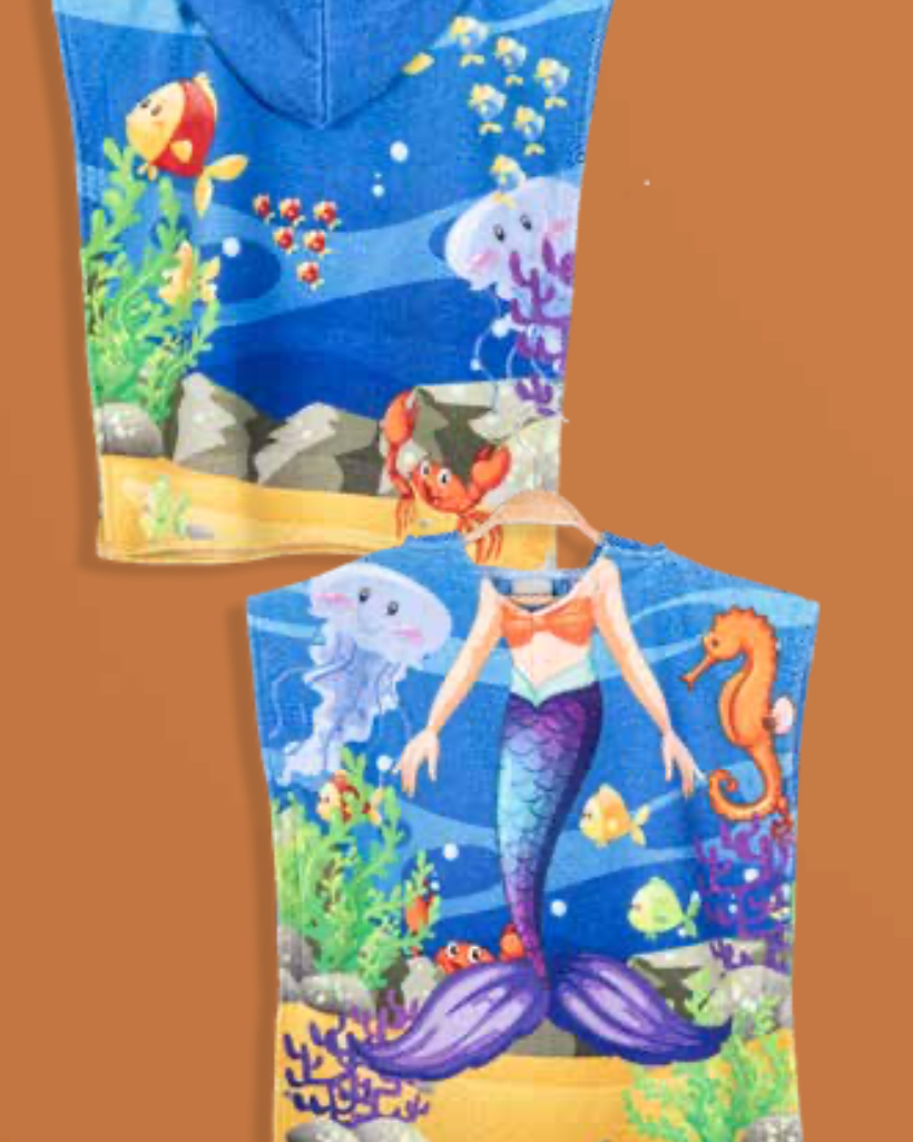 Children's poncho featuring a beautiful mermaid pattern, with soft cotton fabric, perfect for imaginative play and post-swim warmth