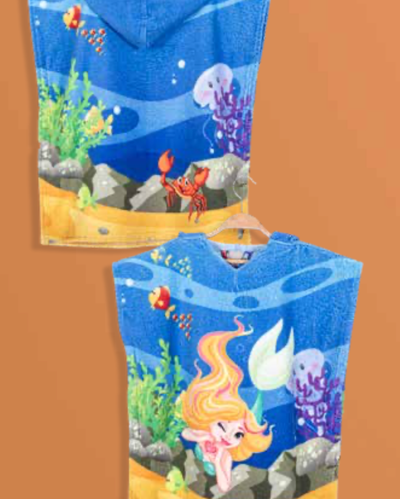 Children's poncho featuring a whimsical Nixie (water sprite) pattern, made from soft cotton to keep little ones warm and comfortable