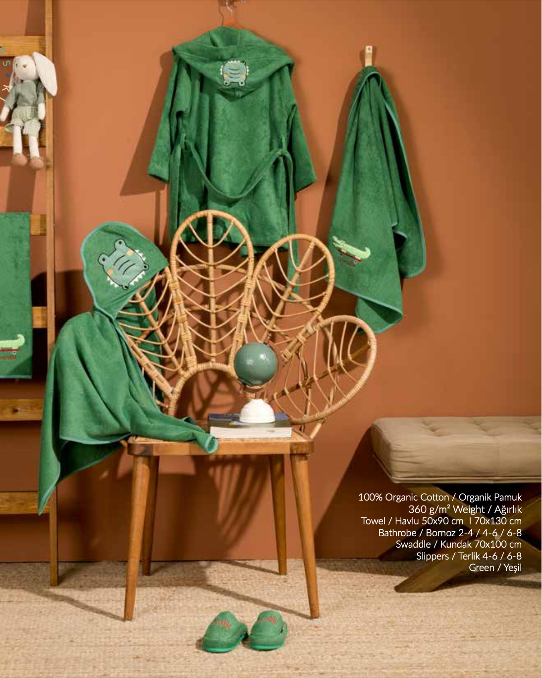 Children's bath set featuring a green crocodile pattern on towel, bathrobe, and slippers, with a playful and fun design for little ones