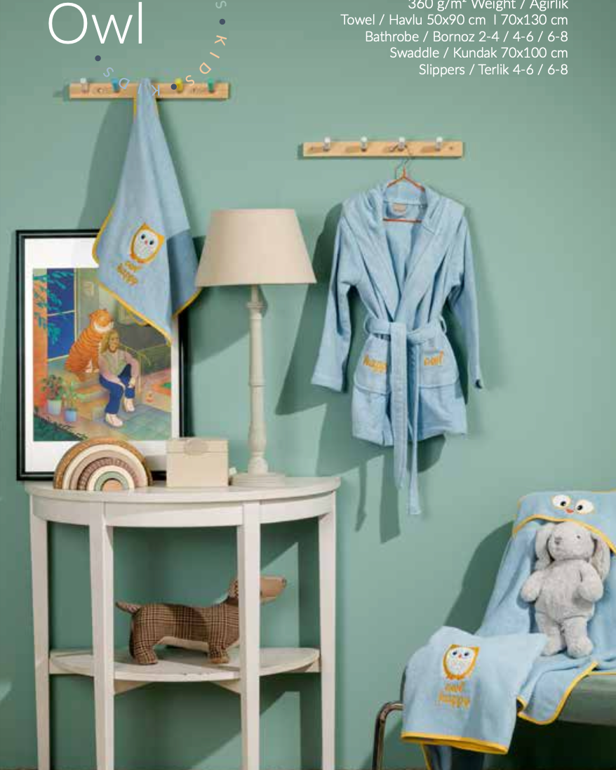 Children's bath set featuring a cute blue owl pattern on towel, bathrobe, and slippers, designed for comfort and a whimsical touch