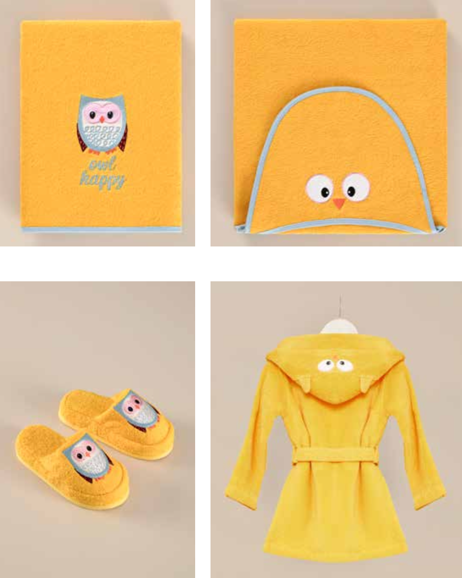 Children's bath set with an orange owl pattern on towel, bathrobe, and slippers, combining vibrant colours and playful design