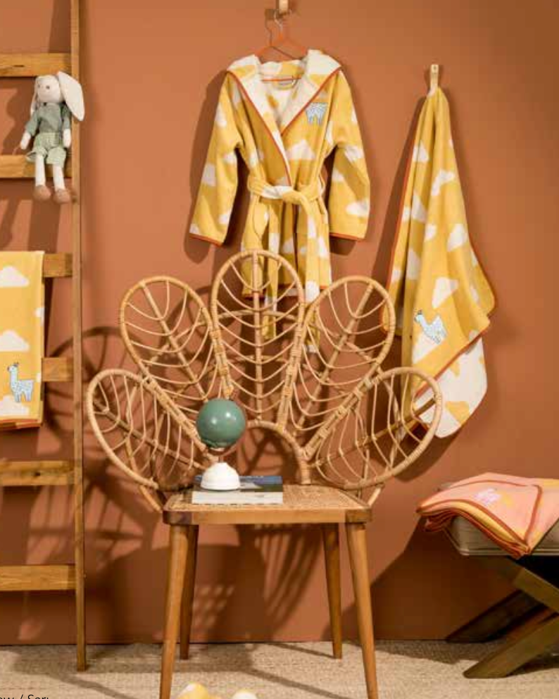 Children's bath set featuring a yellow alpaca pattern on towel, bathrobe, and slippers, offering a cozy and fun design for kids