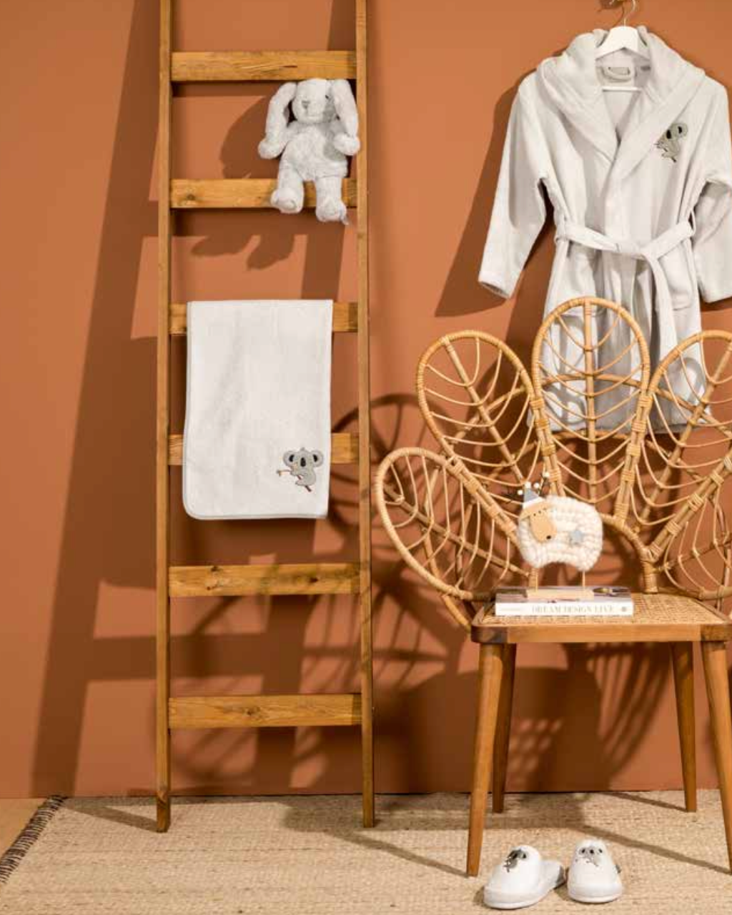 Children's bath set with an adorable koala pattern on towel, bathrobe, and slippers, featuring soft cotton for ultimate comfort