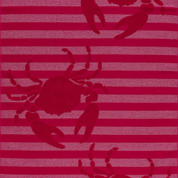 Fuchsia Jenka beach towel with crab motifs on striped background by Minoa Home.