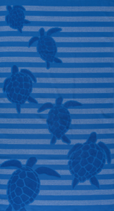 Royal blue Jenka beach towel with sea turtle motifs on striped background by Minoa Home.