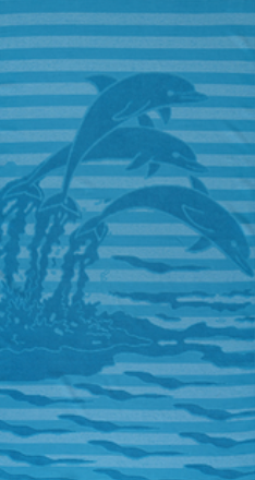 Blue Jenka beach towel with dolphin motifs on striped background by Minoa Home.