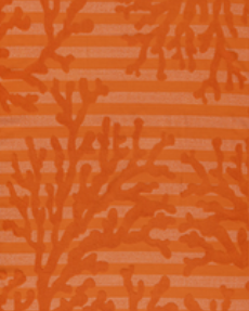 Orange Jenka beach towel with coral motifs on striped background by Minoa Home.