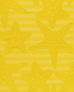 Bright yellow Jenka beach towel with star motifs on striped background by Minoa Home.