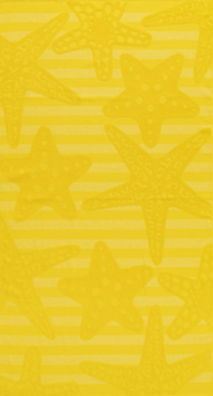 Bright yellow Jenka beach towel with star motifs on striped background by Minoa Home.