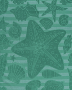 Green Jenka beach towel with starfish motifs on striped background by Minoa Home.